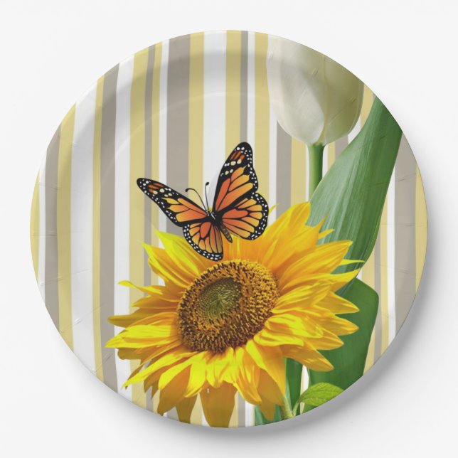 Sunflower Butterfly Tulip Paper Plates (Front)