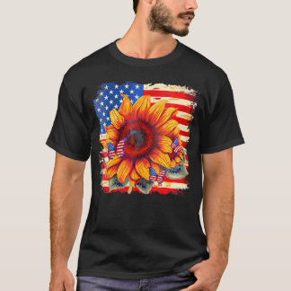 Sunflower Butterfly Usa Flag America V-Neck        T-Shirt