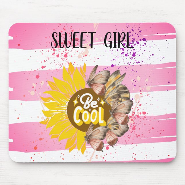 Sunflower & Butterfly Vibrant Pink Art Mouse Mat (Front)