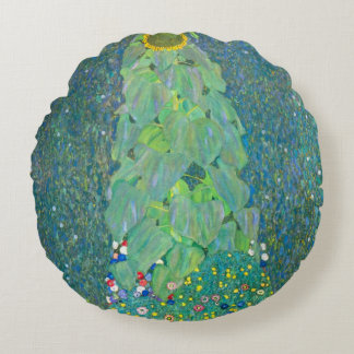Sunflower by Klimt, Vintage Flowers Art Nouveau Round Cushion