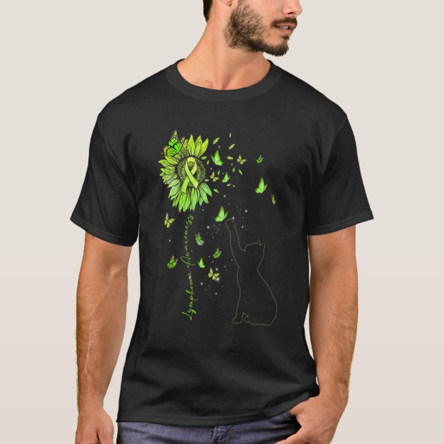 Sunflower Cat Lime Green Ribbon Lymphoma Awareness T-Shirt (Front)