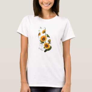 Sunflower Cat Line Art T-Shirt