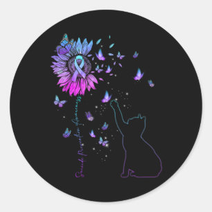 Sunflower Cat Teal And Purple Ribbon Suicide Aware Classic Round Sticker