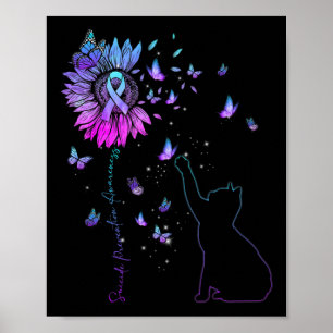 Sunflower Cat Teal And Purple Ribbon Suicide Aware Poster