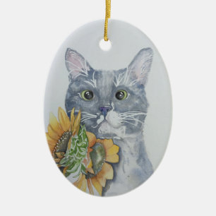 Sunflower cat watercolor artwork hanging ornament