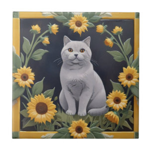 Sunflower Cats - Grey Cat & Yellow Sunflowers Tile