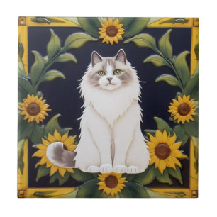 Sunflower Cats - Ragdoll Cat & Yellow Sunflowers Tile