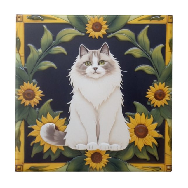 Sunflower Cats - Ragdoll Cat & Yellow Sunflowers Tile (Front)