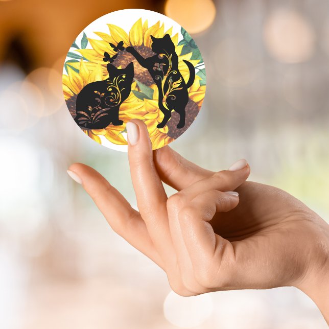 Sunflower Cats – Watercolor Floral Art Classic Round Sticker (Creator Uploaded)