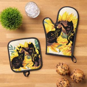 Sunflower Cats – Watercolor Floral Art Oven Mitt & Pot Holder Set
