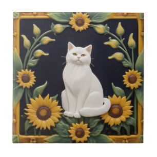 Sunflower Cats - White Cat & Yellow Sunflowers Tile