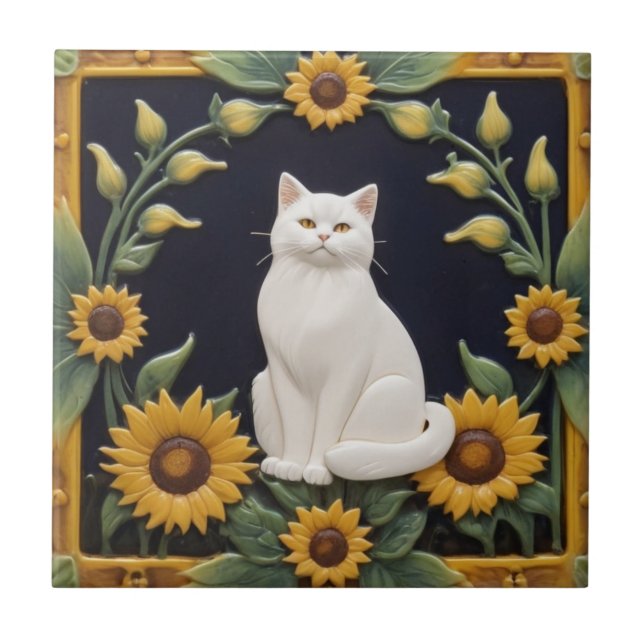 Sunflower Cats - White Cat & Yellow Sunflowers Tile (Front)