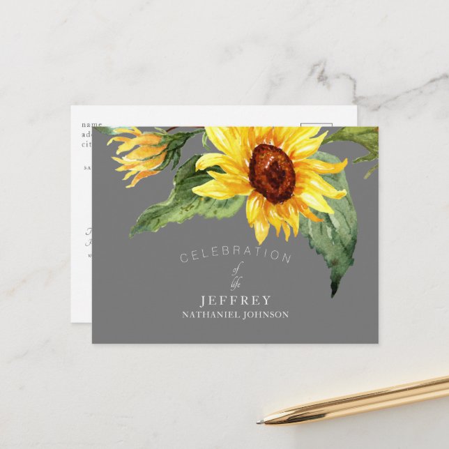Sunflower Celebration of Life After Loss Grey Postcard (Front/Back In Situ)