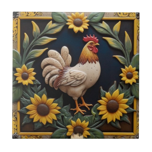 Sunflower Chicken - Brown Hen & Yellow Sunflowers Tile (Front)