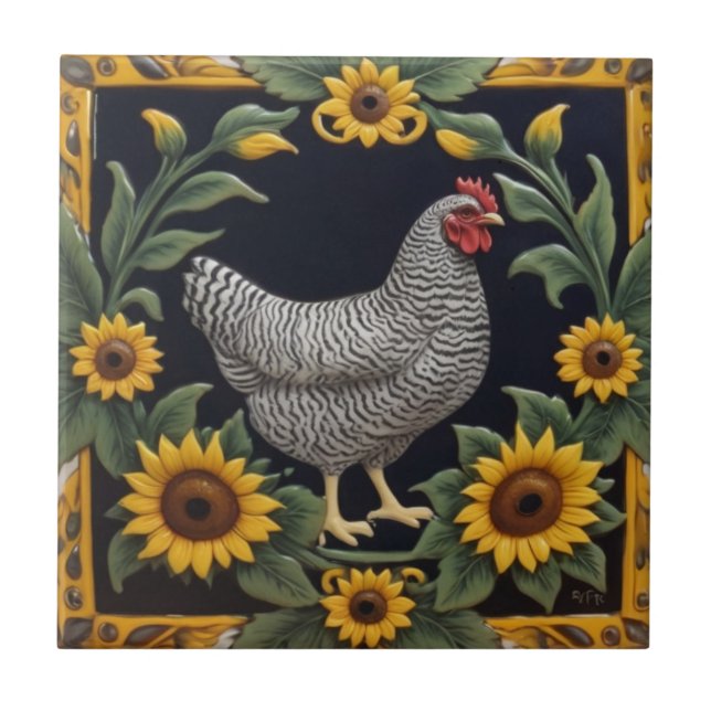 Sunflower Chicken - Grey Hen & Sunflowers Tile (Front)