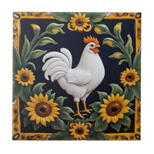 Sunflower Chicken - White Hen & Yellow Sunflowers Tile