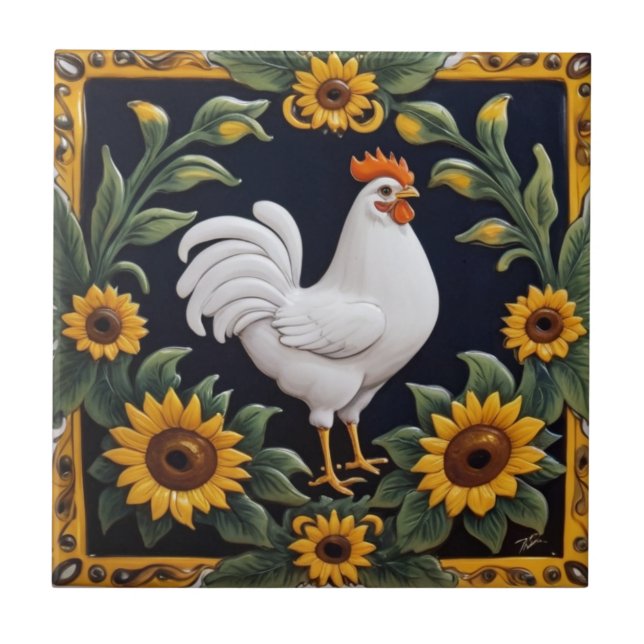 Sunflower Chicken - White Hen & Yellow Sunflowers Tile (Front)