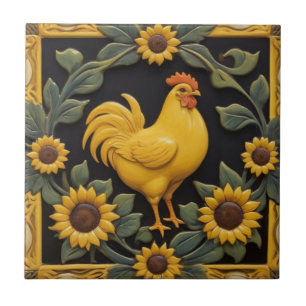Sunflower Chicken - Yellow Hen & Sunflowers Tile