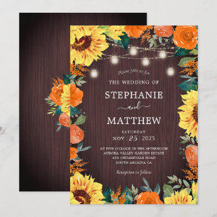 Sunflower Coral Floral Mason Jar Wedding Invitation