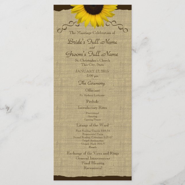 Sunflower Country Burlap Wedding Program Programme (Front)