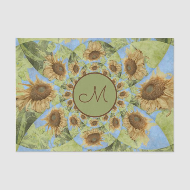 Sunflower Country Floral Yellow Green Monogram Tissue Paper (Front)