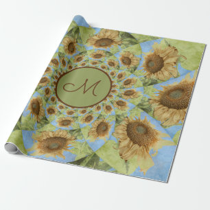 Sunflower Country Floral Yellow Green Monogram Wrapping Paper