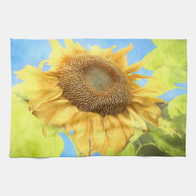 Sunflower Country Rustic Blue Yellow Watercolor Tea Towel (Horizontal)