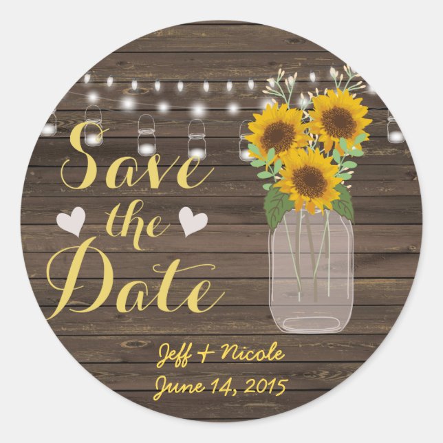Sunflower Country Wood Mason Jar Save the Date Classic Round Sticker (Front)