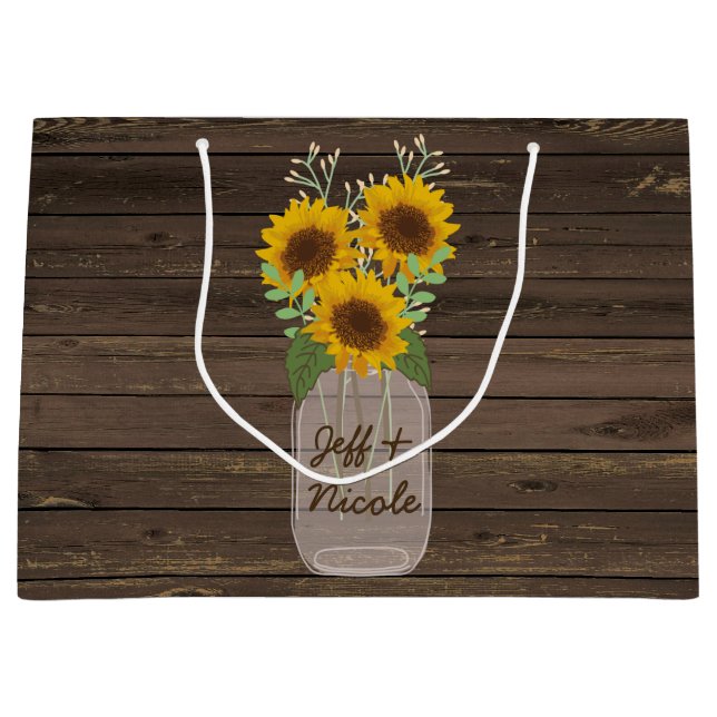 Sunflower Country Wood Mason Jar Wedding Large Gift Bag (Front)
