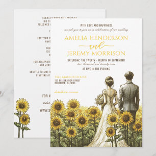 Sunflower Couple Wedding Invitation with Details