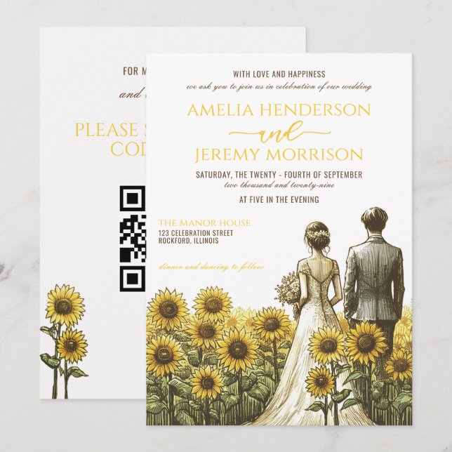 Sunflower Couple Wedding Invitation with QR Code (Front/Back)