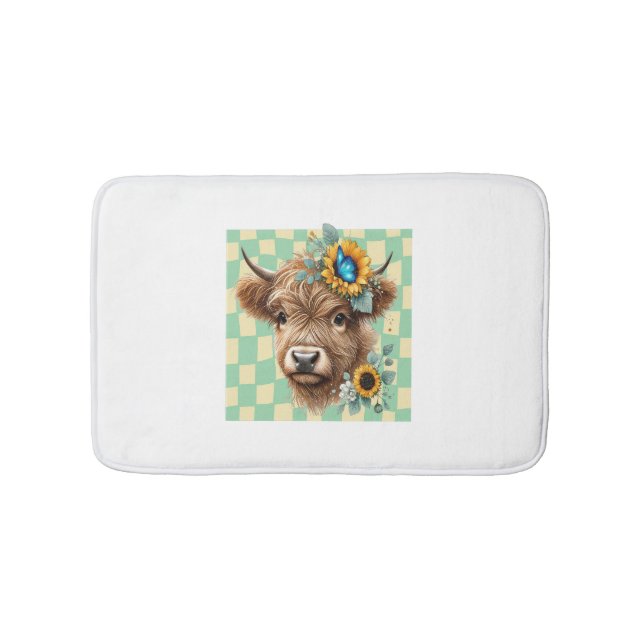 Sunflower Cow , Cute Highland Cow Bath Mat (Front)