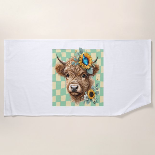 Sunflower Cow , Cute Highland Cow Beach Towel (Front)
