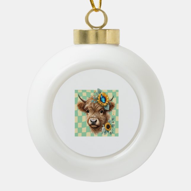 Sunflower Cow , Cute Highland Cow Ceramic Ball Christmas Ornament (Front)