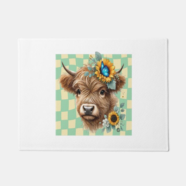 Sunflower Cow , Cute Highland Cow Doormat (Front)