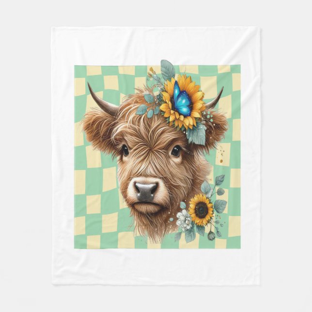 Sunflower Cow , Cute Highland Cow Fleece Blanket (Front)