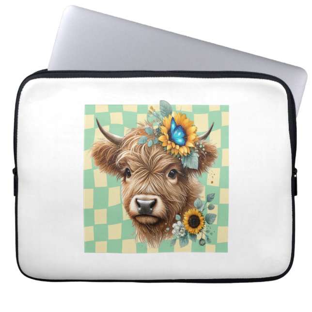 Sunflower Cow , Cute Highland Cow Laptop Sleeve (Front)