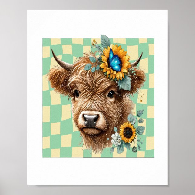 Sunflower Cow , Cute Highland Cow Poster (Front)