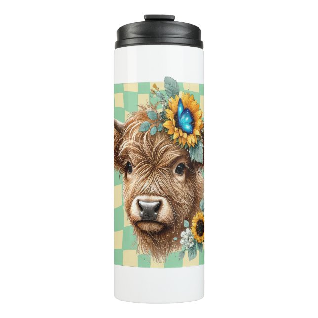 Sunflower Cow , Cute Highland Cow Thermal Tumbler (Front)
