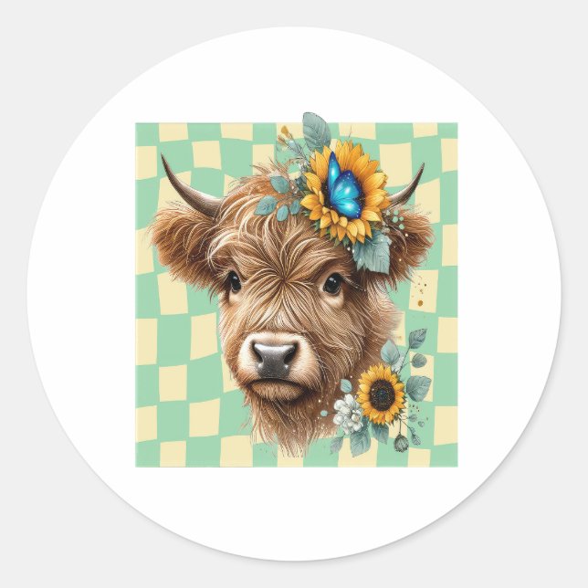 Sunflower Cow Png, Cute Highland Cow Classic Round Sticker (Front)