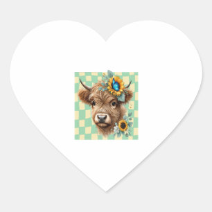 Sunflower Cow Png, Cute Highland Cow Heart Sticker
