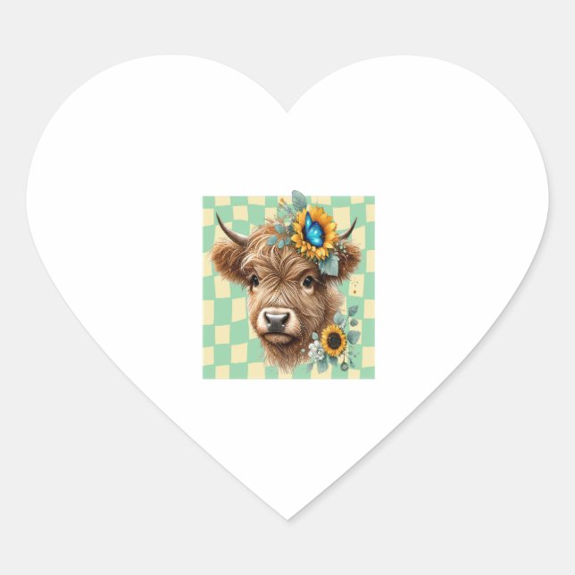 Sunflower Cow Png, Cute Highland Cow Heart Sticker (Front)