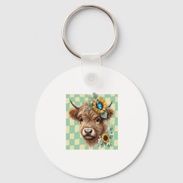 Sunflower Cow Png, Cute Highland Cow Key Ring (Front)