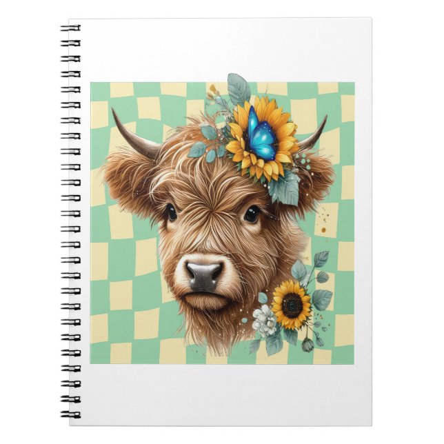 Sunflower Cow Png, Cute Highland Cow Notebook (Front)