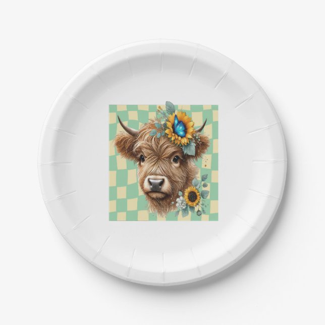 Sunflower Cow Png, Cute Highland Cow Paper Plate (Front)