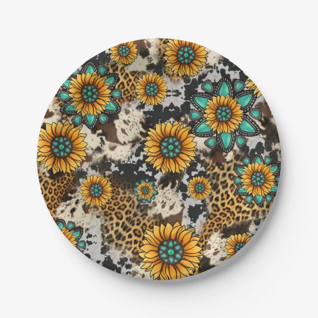 Sunflower Cow Print Western Paper Plate (Front)