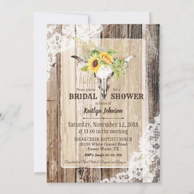 Sunflower Cow Skull Barn Wood Rustic Bridal Shower Invitation (Front)