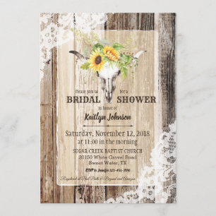 Sunflower Cow Skull Barn Wood Rustic Bridal Shower Invitation