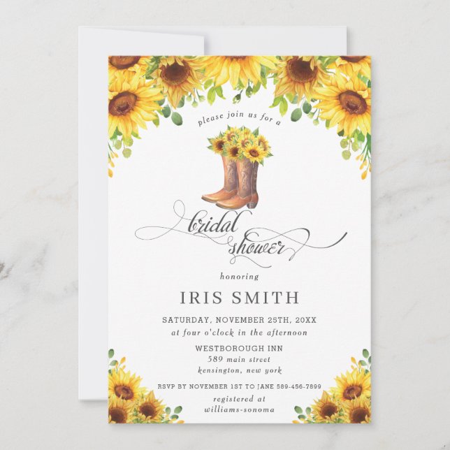 Sunflower Cowboy Boots Country Bridal Shower Invitation (Front)