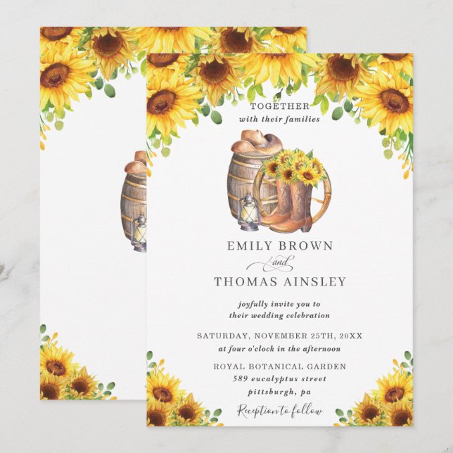 Sunflower Cowboy Boots Hat Country Wedding Invitation (Front/Back)
